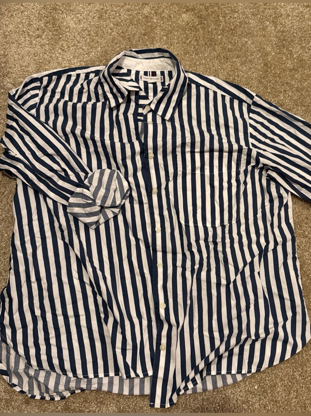 Tommy Hilfiger Navy and White Vertical Stripe Button-Down Shirt